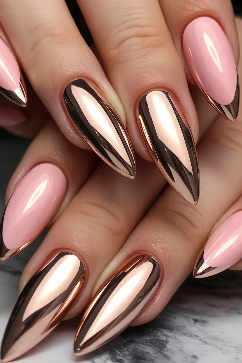 fall chrome nails 2025 Rose Gold Chrome French Twist