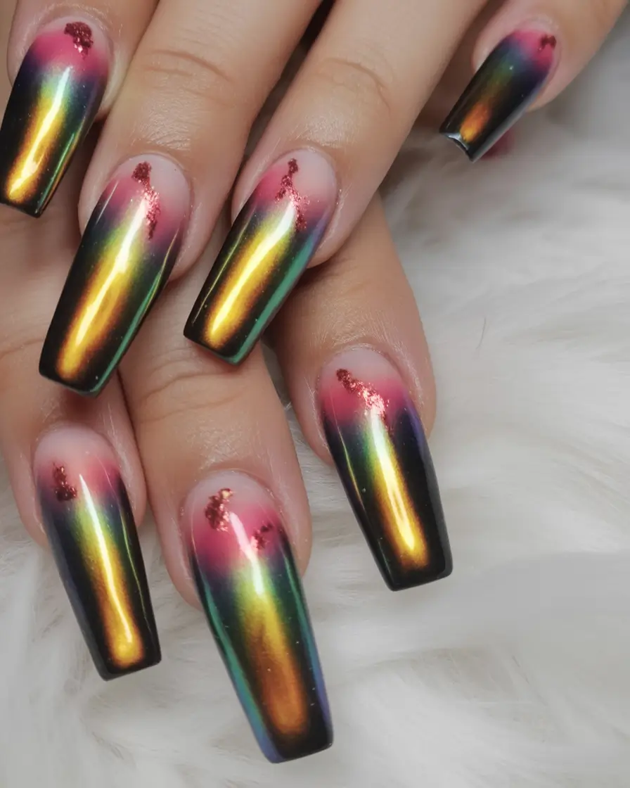 fall chrome nails 2025 Prism Fire Ombre