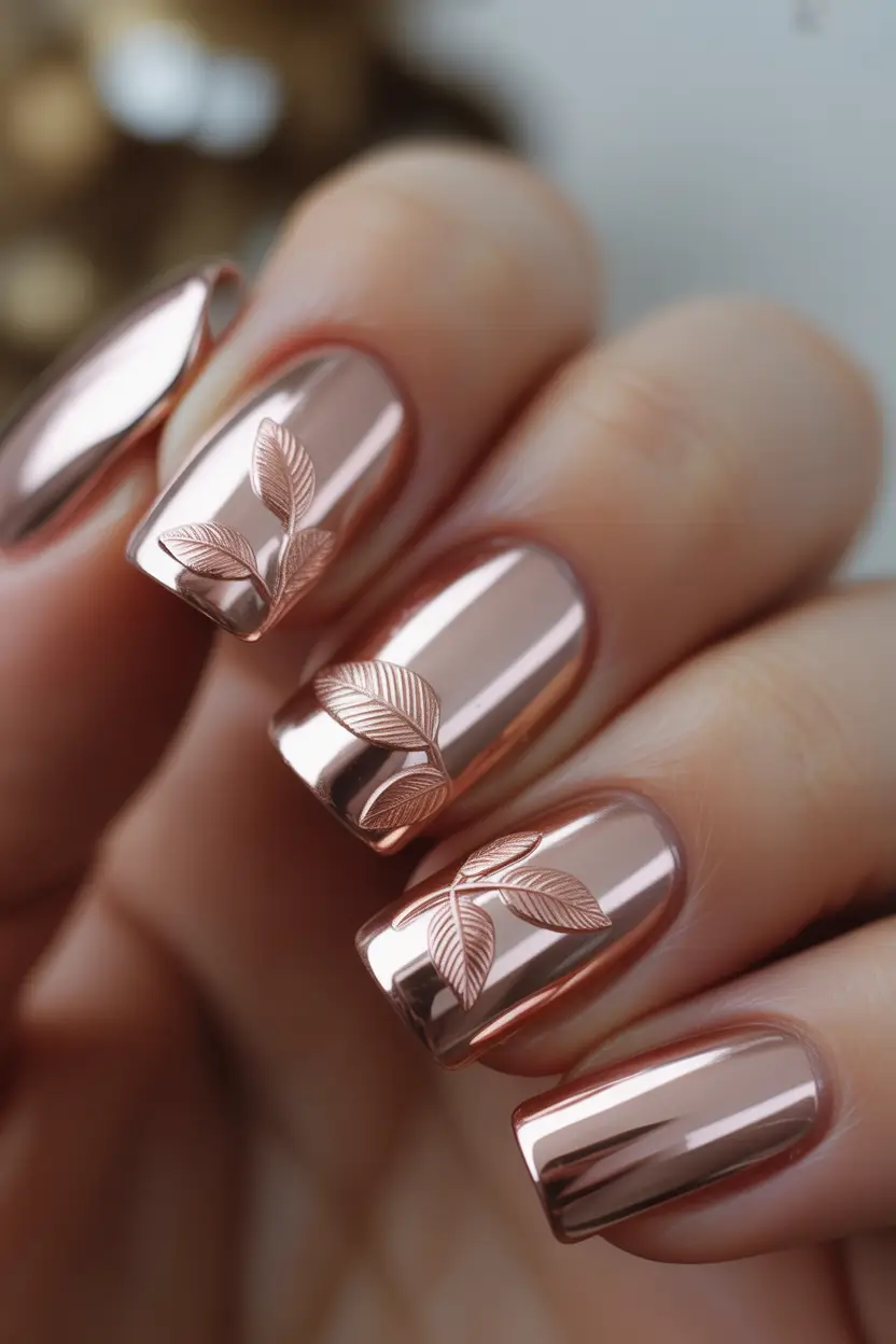 fall chrome nails 2025 Rose Chrome Leaves