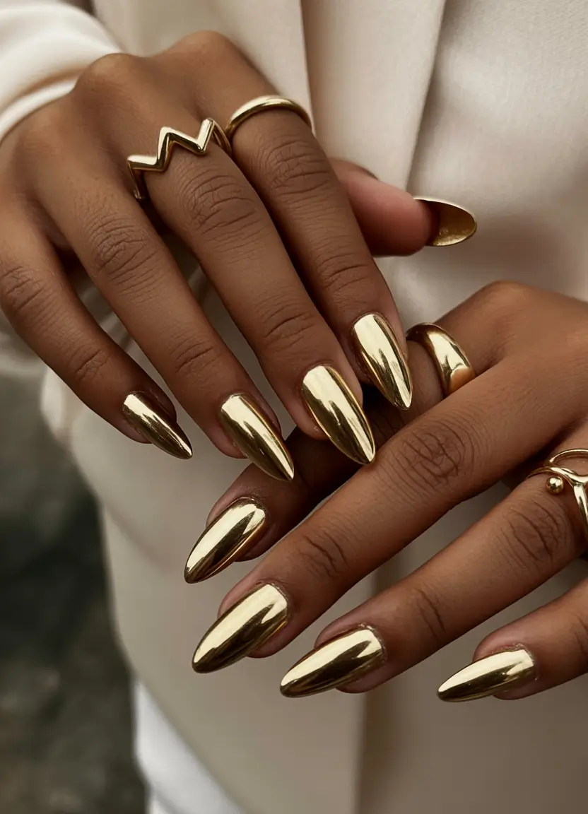 fall chrome nails 2025 Golden Glam Statement