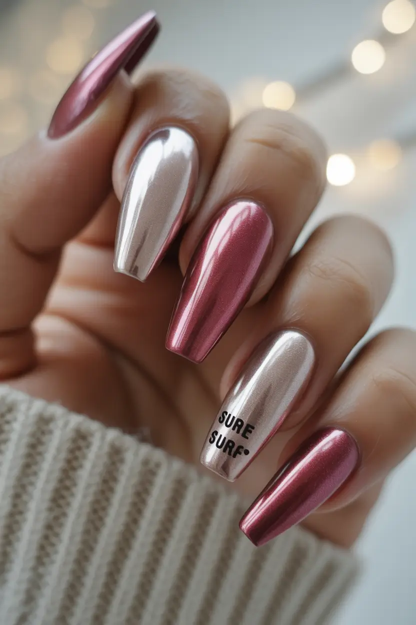 fall chrome nails 2025 Two-Tone Rose & Pearl Chrome