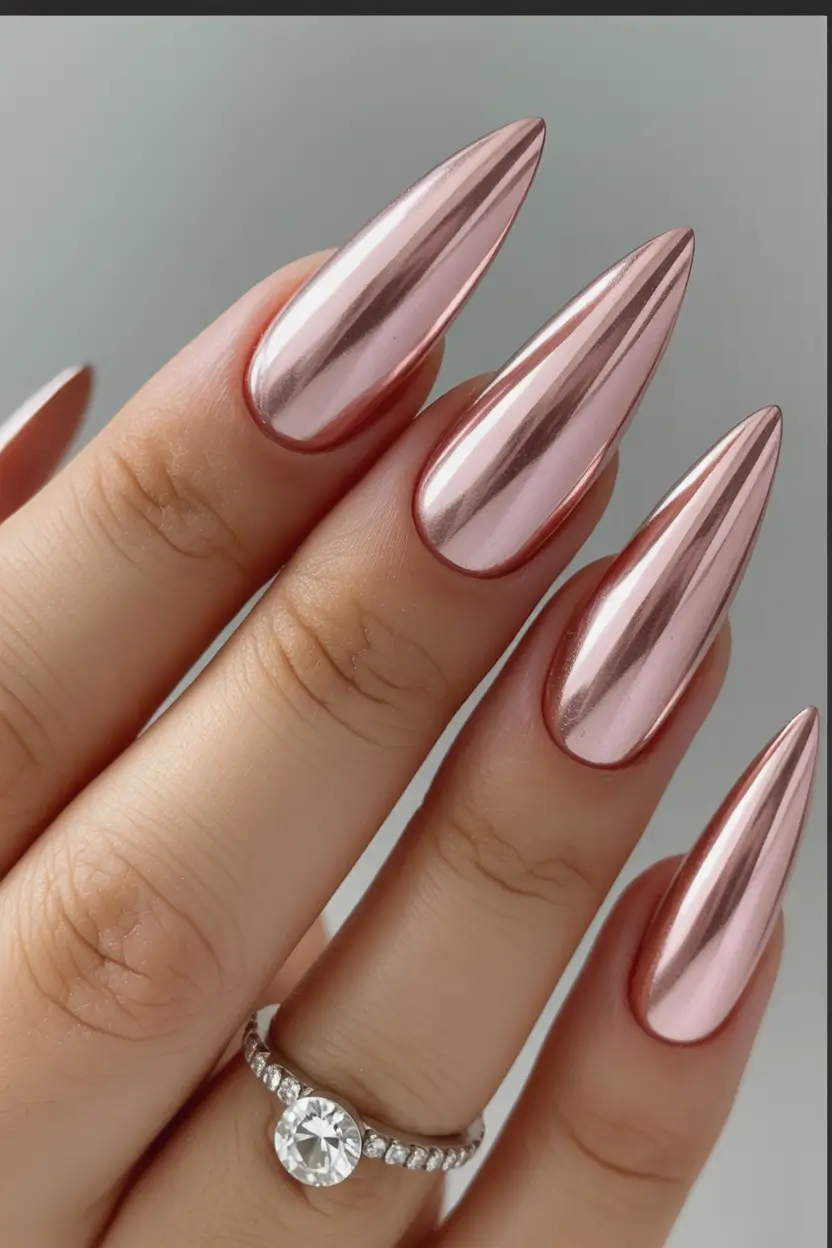 fall chrome nails 2025 Rosé Mirror Shine