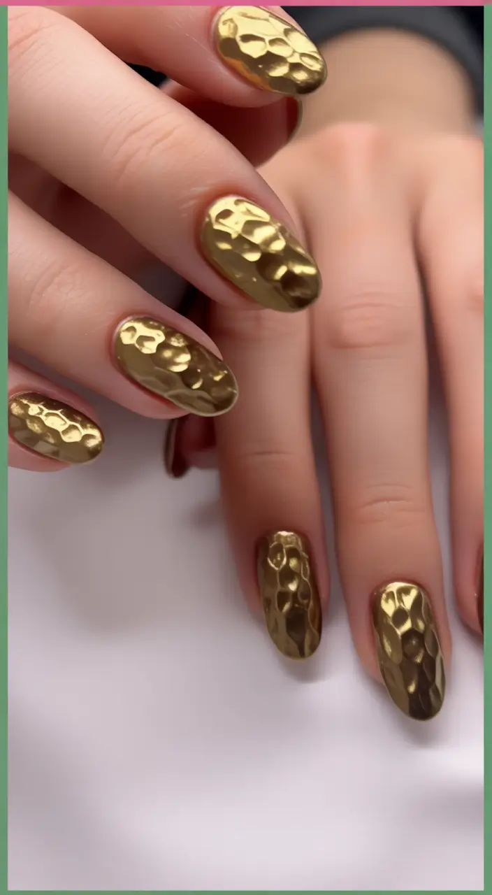 fall chrome nails 2025 Golden Armor Texture