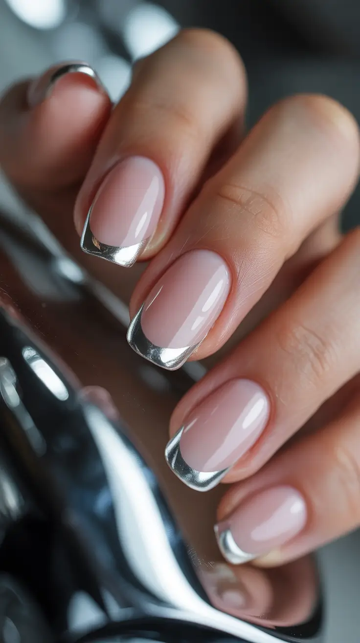 fall chrome nails 2025 Silver-Tipped Modern French
