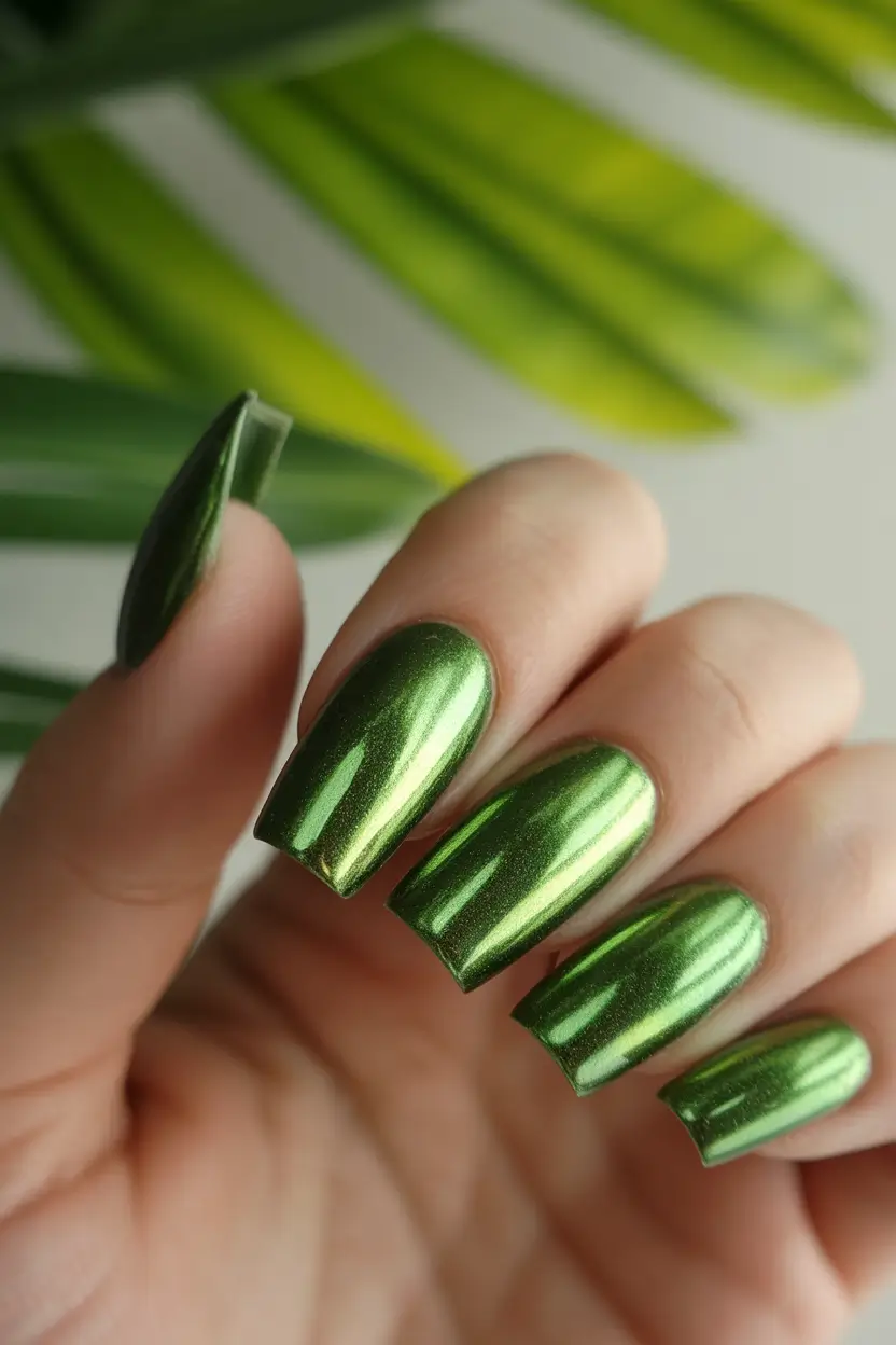 fall chrome nails 2025 Emerald Mirror Square