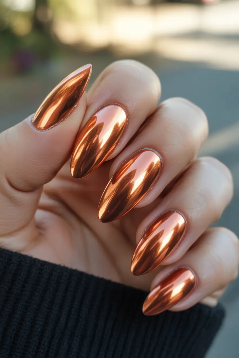 fall chrome nails 2025 Pumpkin Spice Chrome Glow