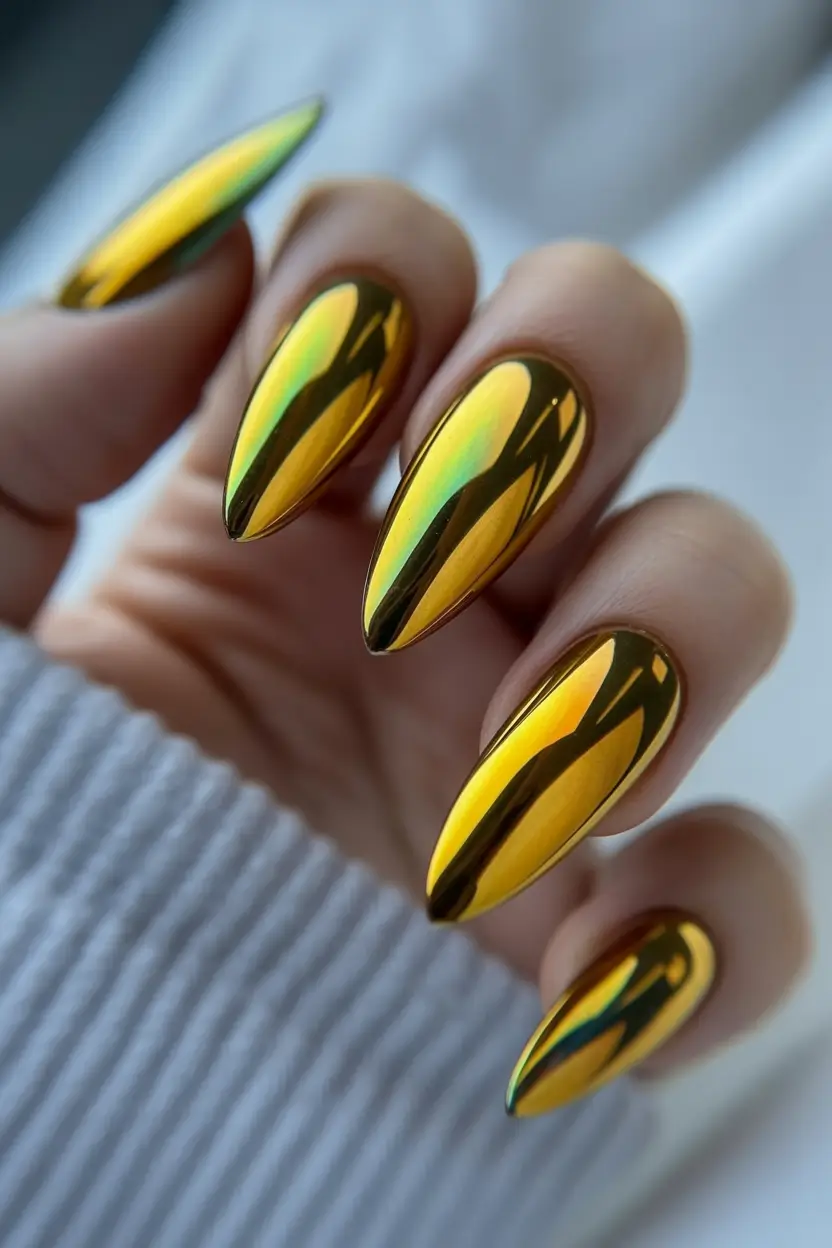 fall chrome nails 2025 Golden Glow Almond