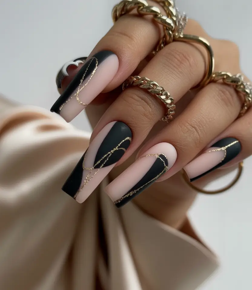 fall season nails Matte Noir Meets Gold Threads