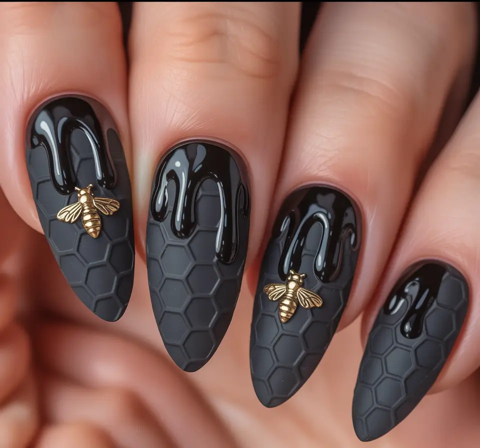 fall season nails Honeycomb Drama With Bee Charm