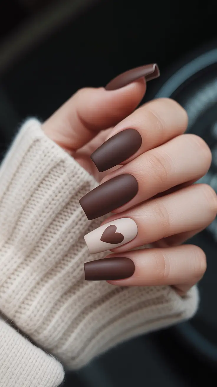 fall season nails Warm Cocoa With a Minimalist Heart
