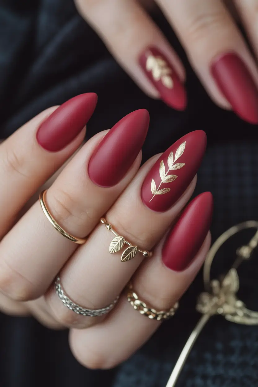 fall season nails Berry Matte Elegance With a Golden Leaf