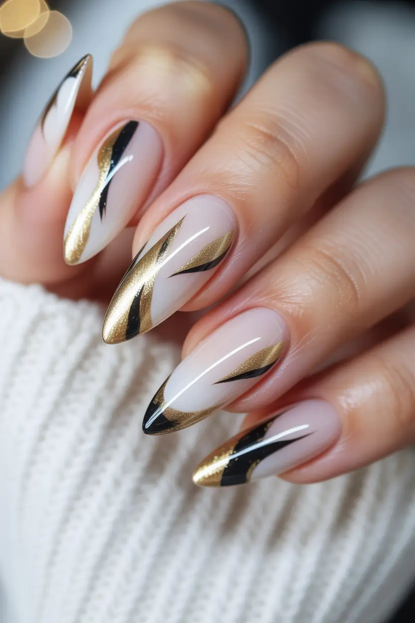 fall season nails Gold Flame Strikes on Glossy Almond