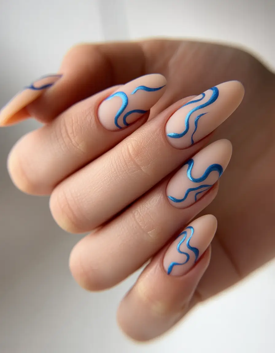 fall season nails Cool Blue Micro-Swirls on Almond Tips