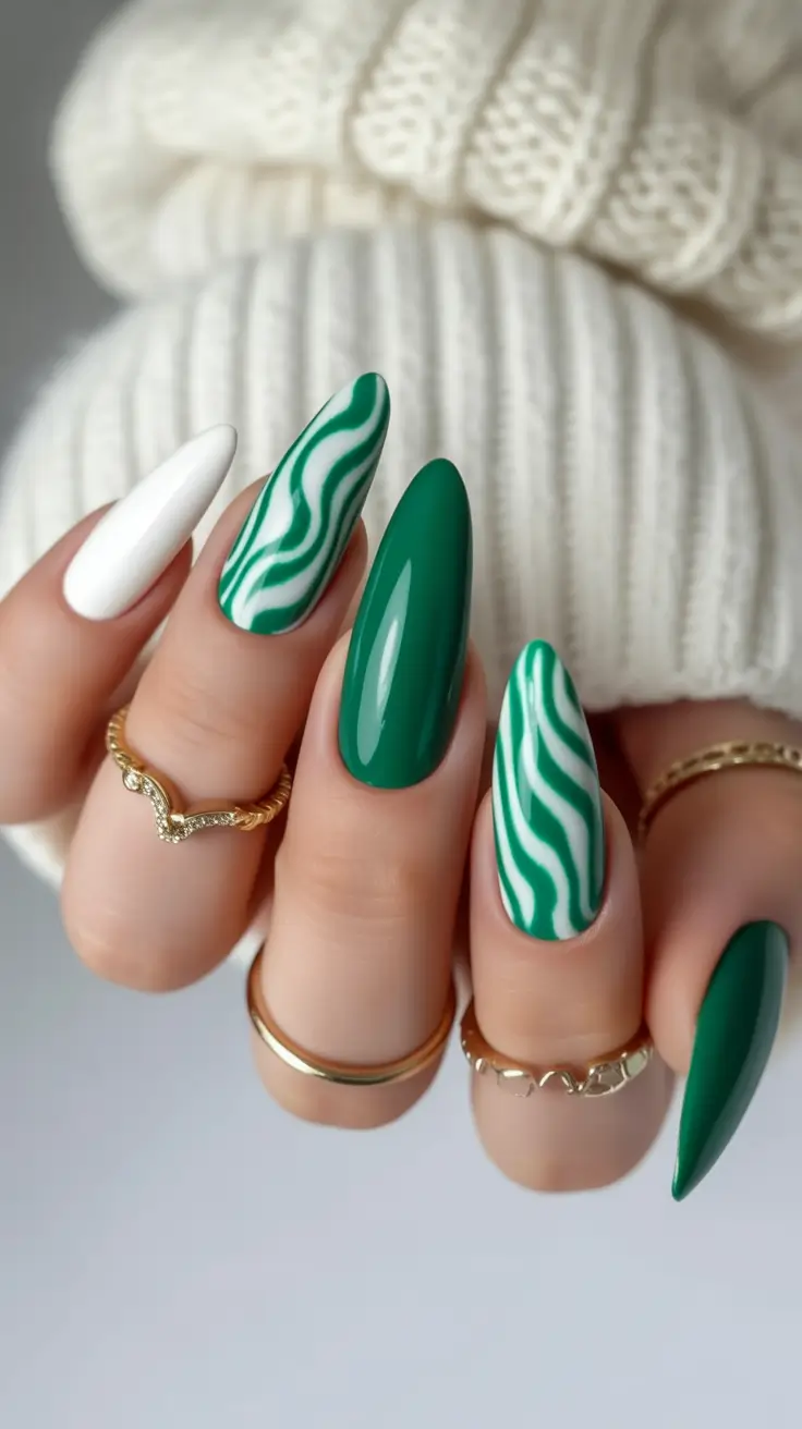 fall season nails Green Wave Energy With White Contrast