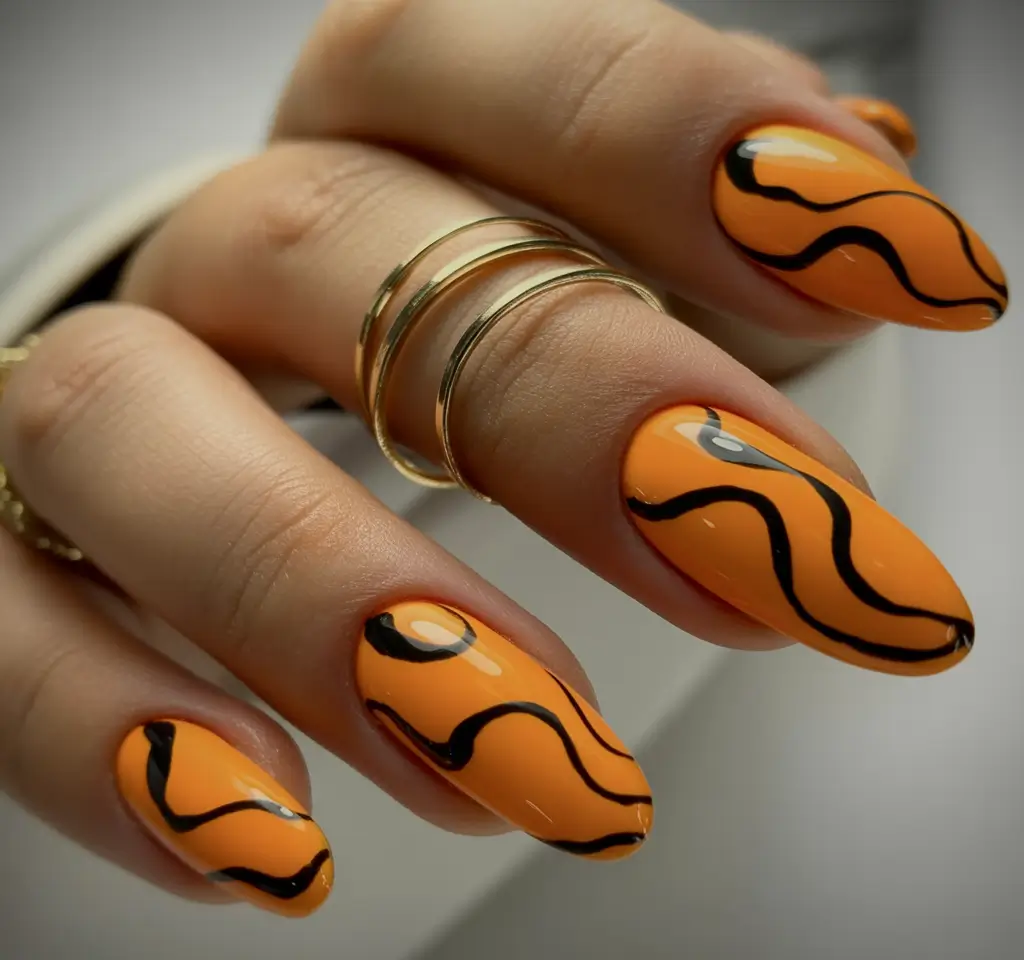 fall season nails Squiggly Orange Pop With Black Edges