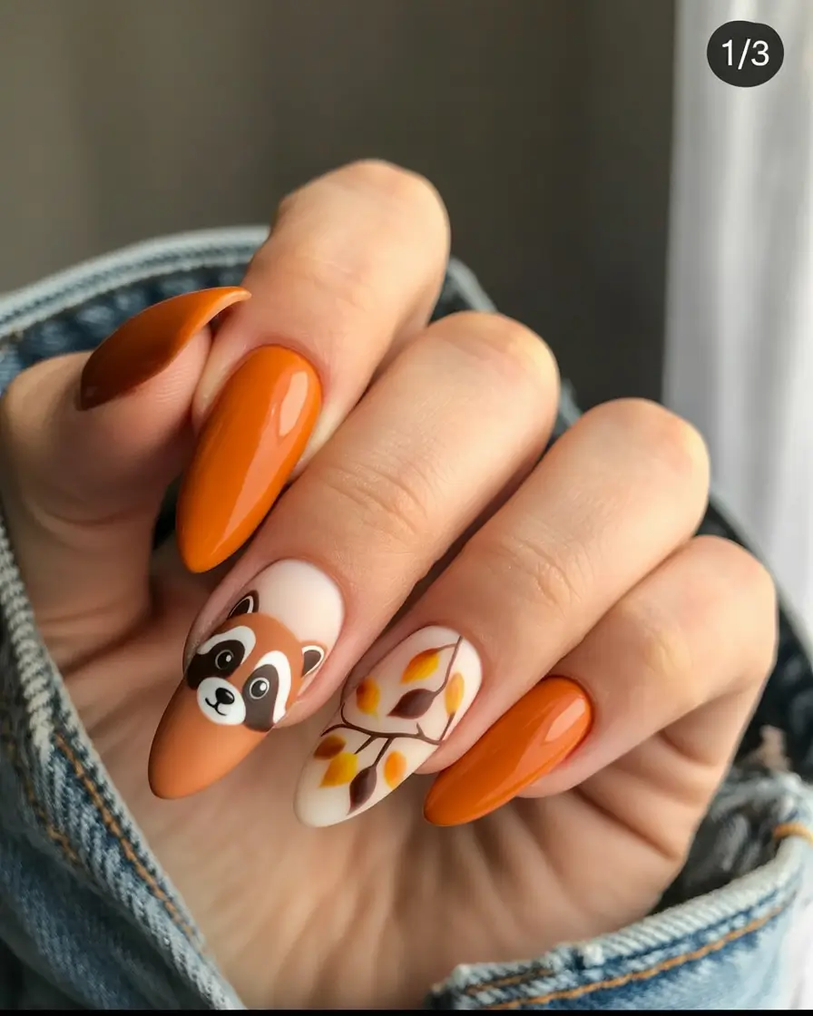 fall season nails Cute Raccoon & Falling Leaves Story