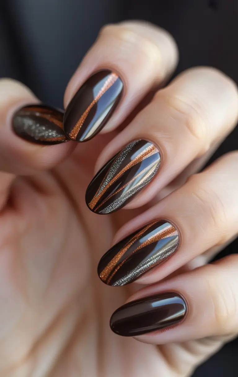 fall season nails Mocha Chrome With Burnt Copper Ribbons