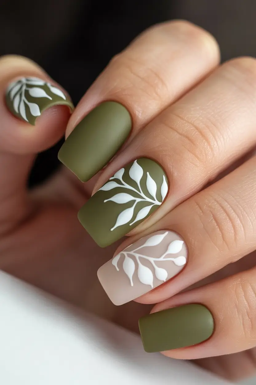 fall season nails Botanical Green With Matte Sophistication