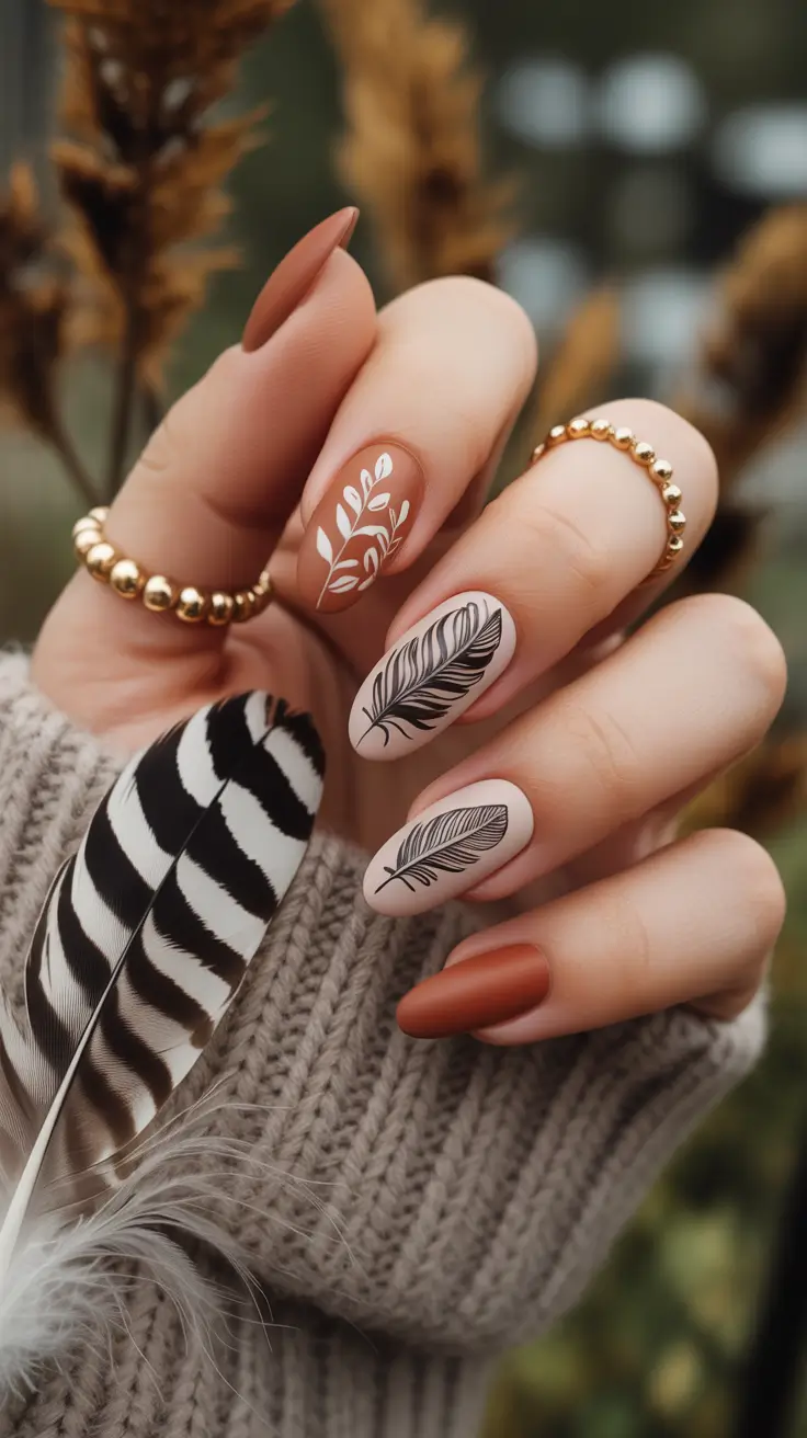 fall season nails Featherlight Neutrals With Nature-Inspired Art