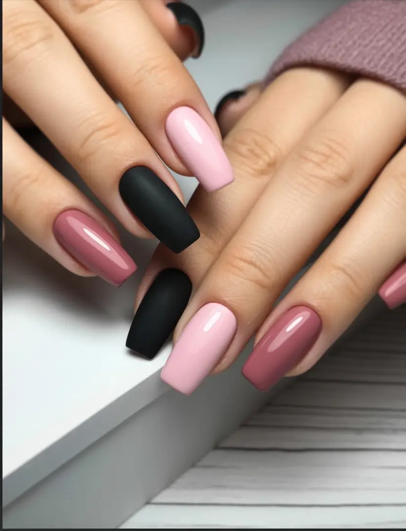 fall color nails Rose Pink & Matte Black Combo: Sweet Meets Strong