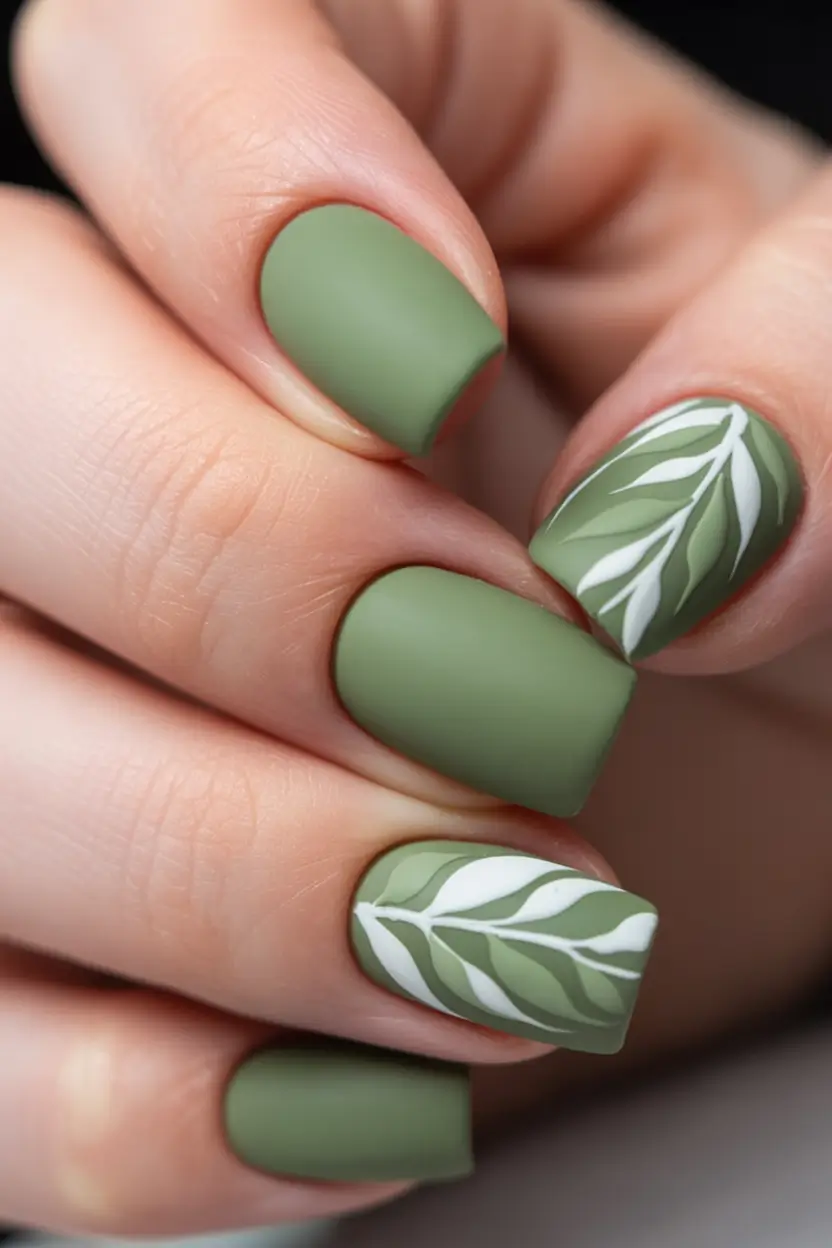 designs autumn green Olive Matte with White Leaf Detailing: Forest Floor Mood