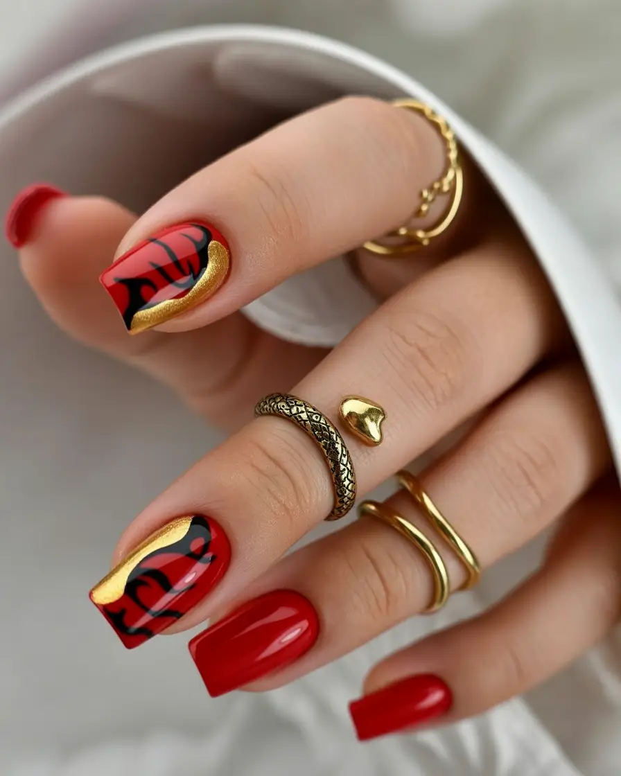 red fall nails Art Deco Gold and Red