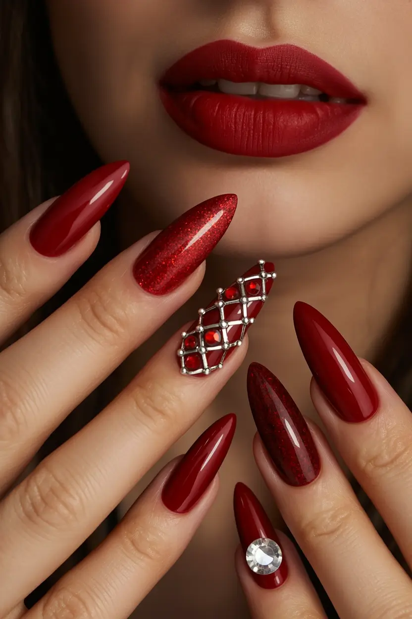 red fall nails Luxury Red with Embellishments