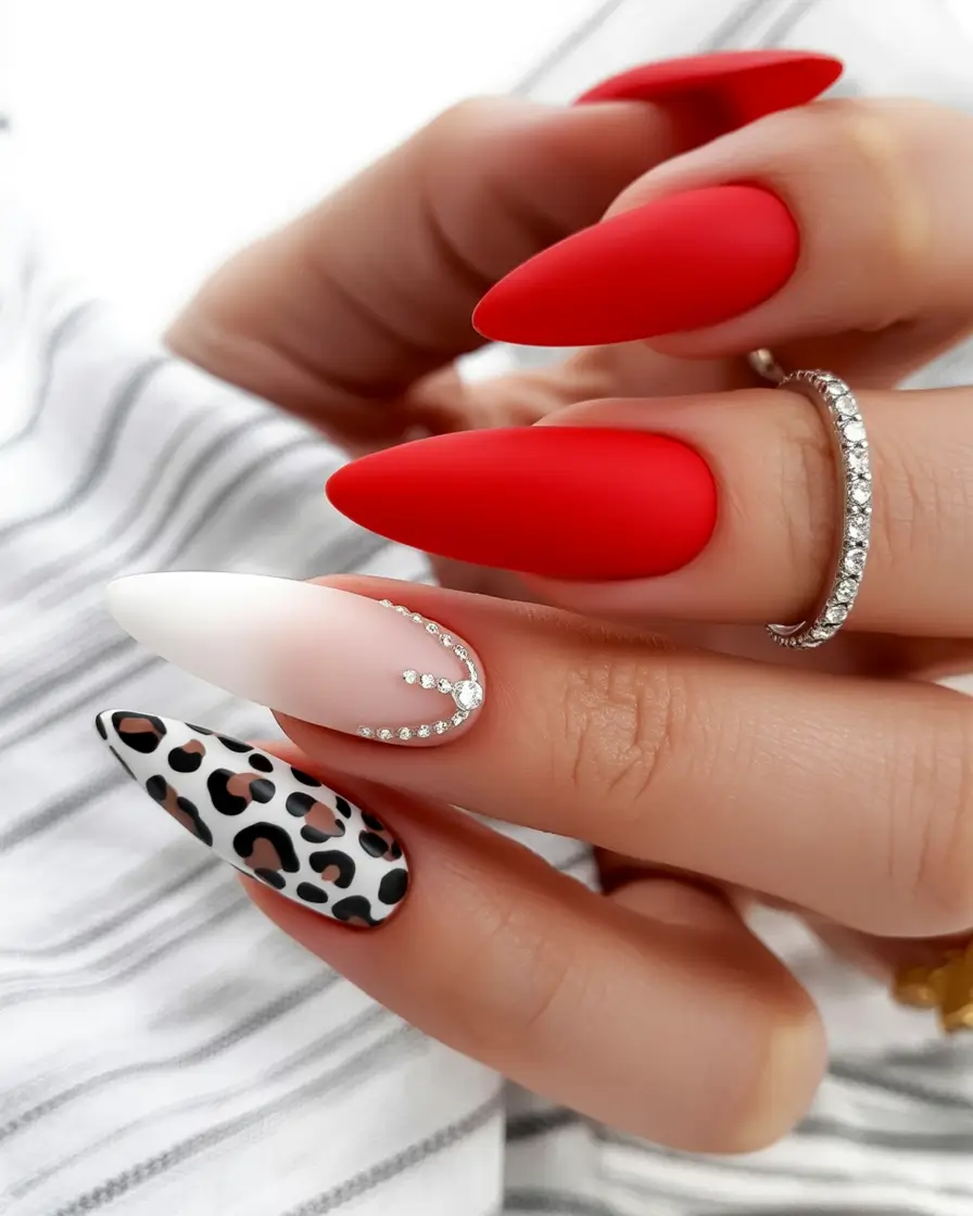 red fall nails Matte Red with Leopard and Rhinestones