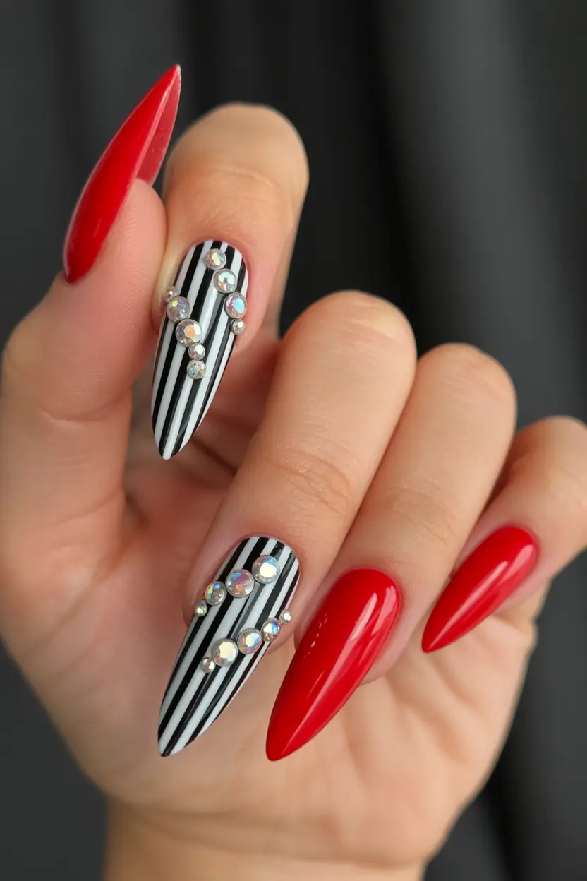 red fall nails Striped Drama