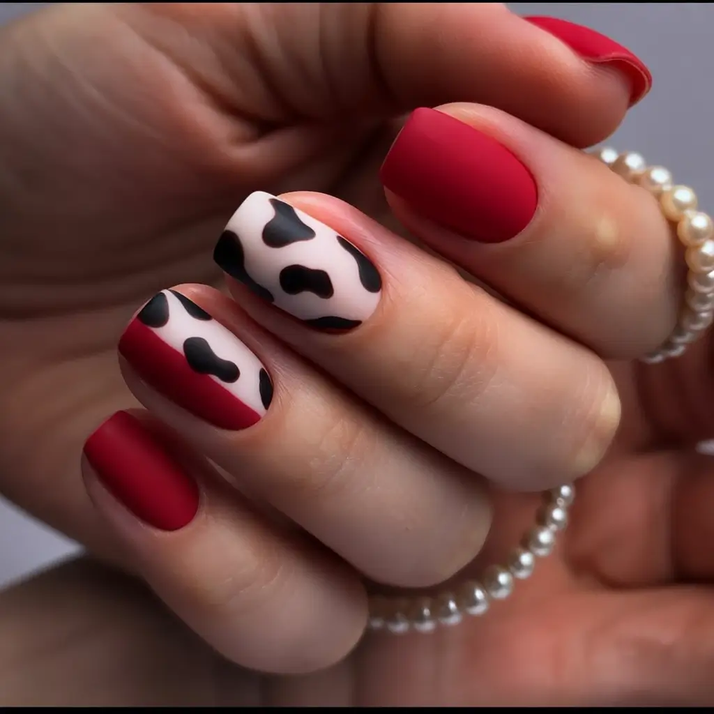 red fall nails Short Cow Print Red