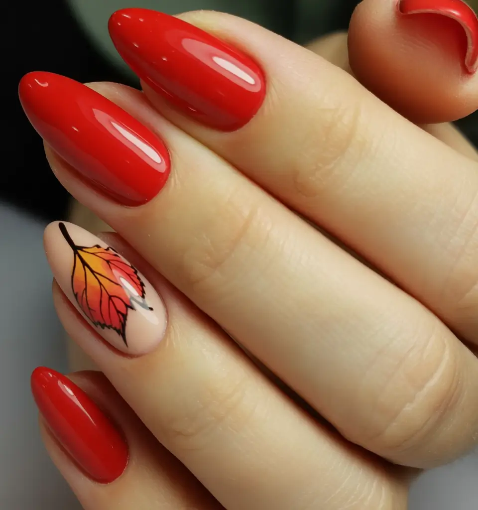 red fall nails Autumn Leaf Accent