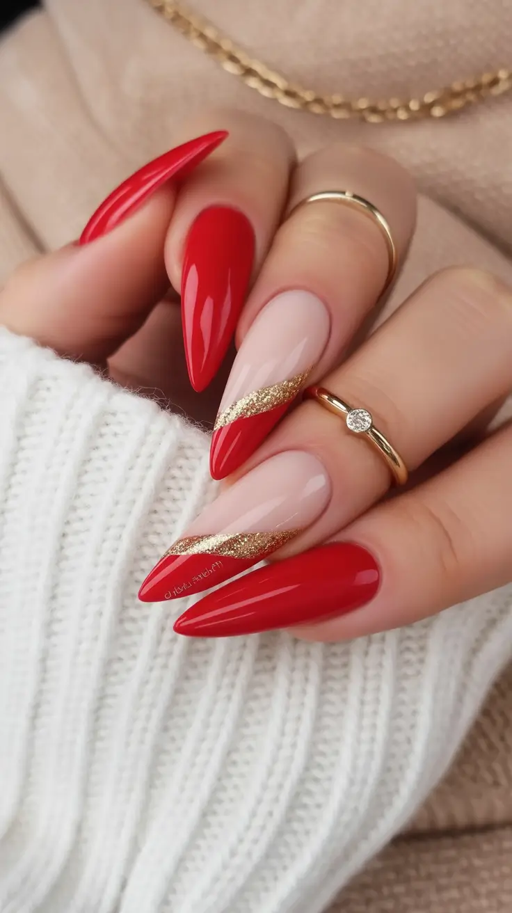 red fall nails Almond Red with Gold Accents