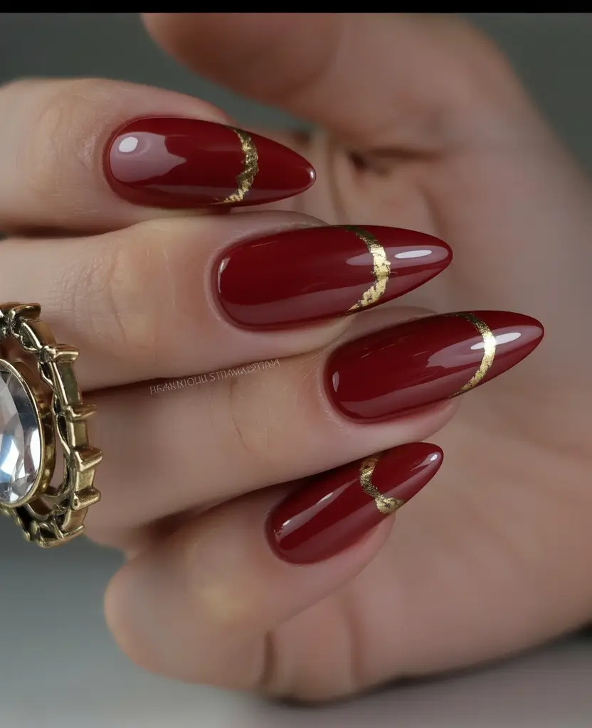 red fall nails Red with Gold Veins