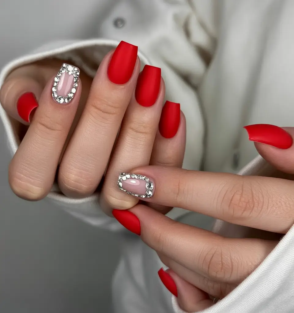 red fall nails Matte Red with Sparkling Accents
