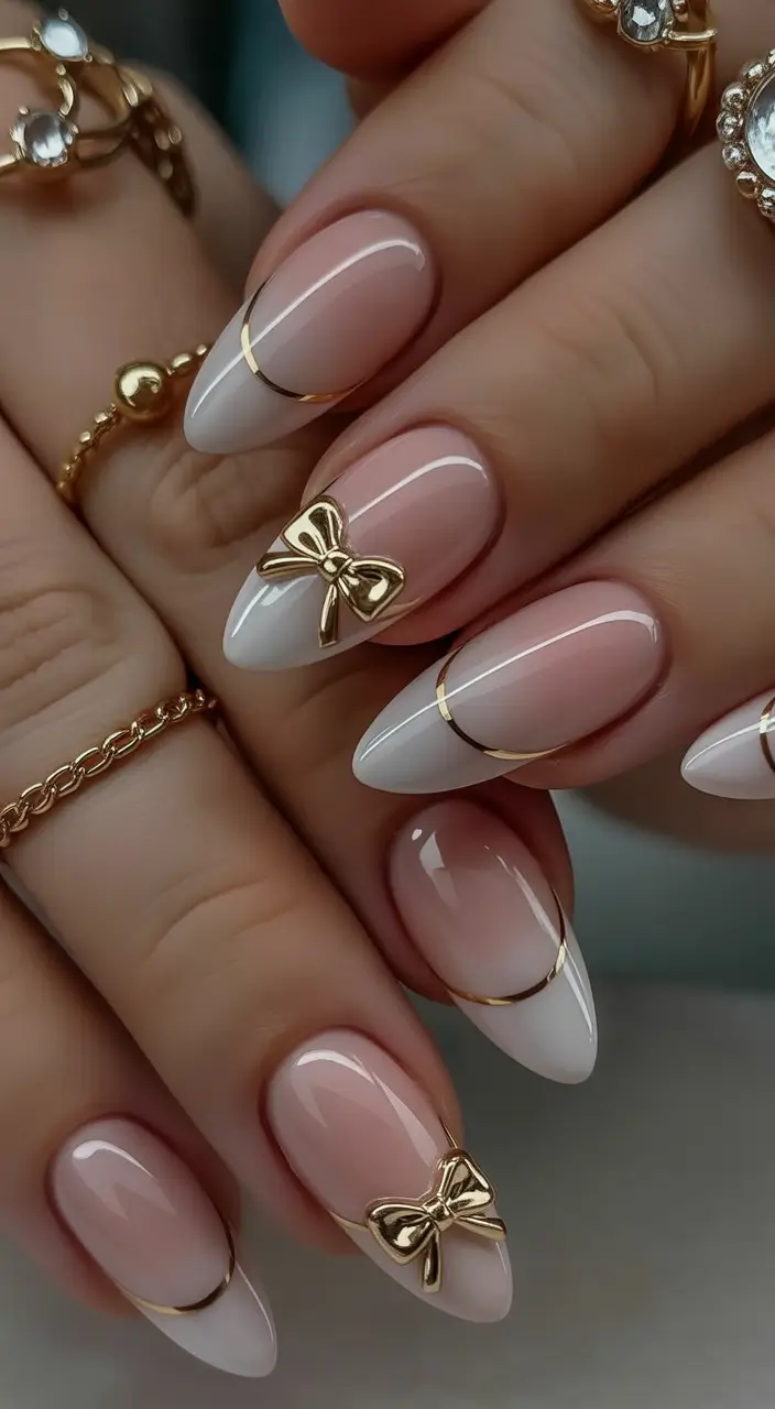 Fall-3D-Nail-Art-Golden-Bow-French-Tips