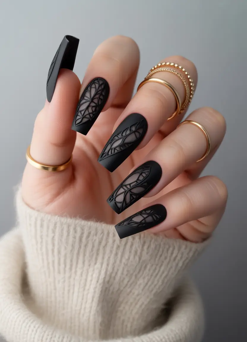 Fall-3D-Nail-Art-Velvet-Black-Geometry