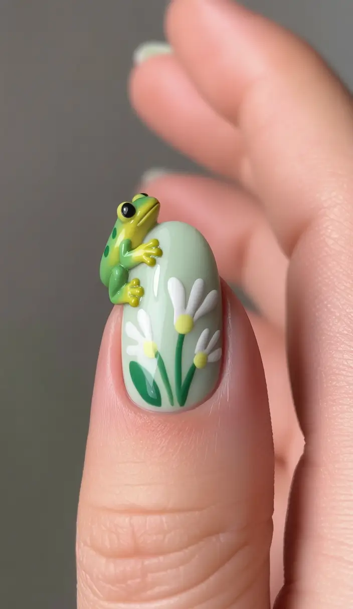 Fall-3D-Nail-Art-Frog-on-Daisy-Meadow