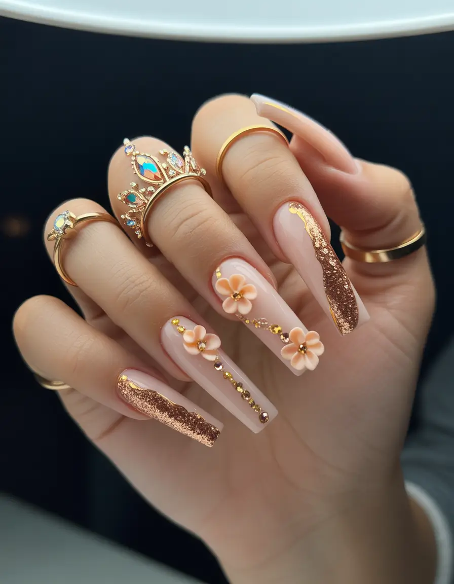Fall-3D-Nail-Art-Bronzed-Floral-Glam
