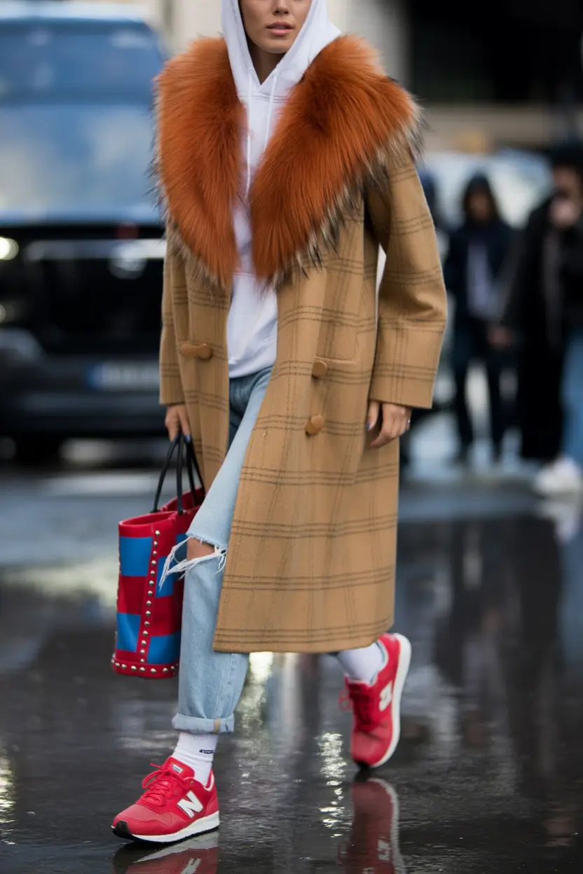 casual winter outfits Cozy Checks with Sporty Red