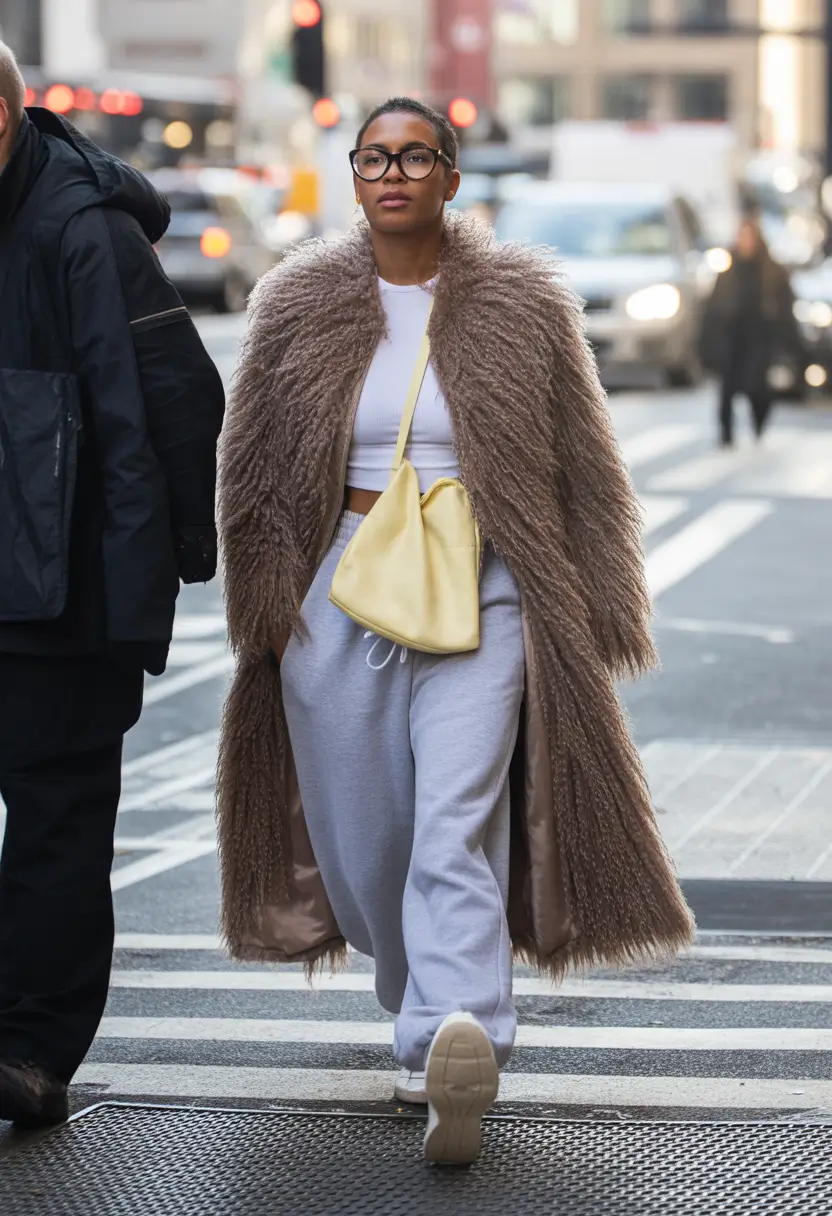 casual winter outfits Faux Fur Meets Athleisure