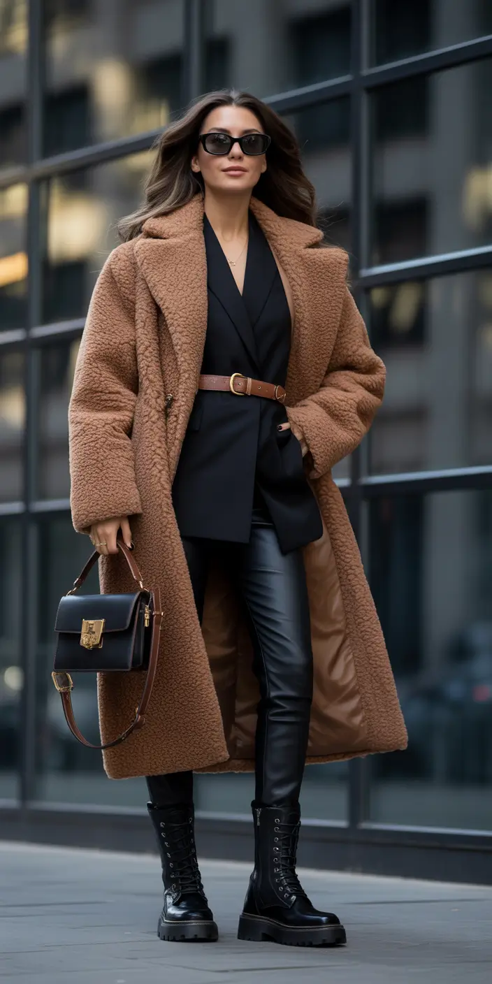 casual winter outfits Teddy Luxe with Black Leather