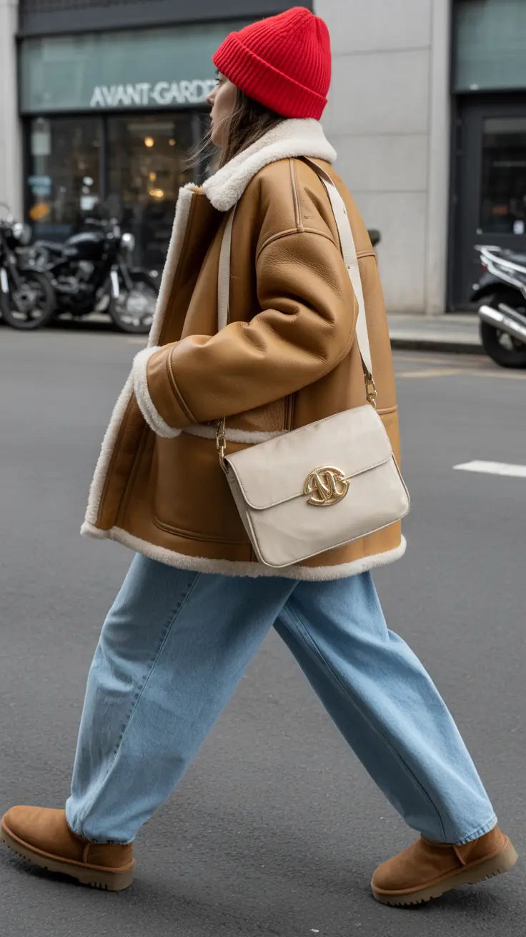 casual winter outfits Playful Shearling and Denim