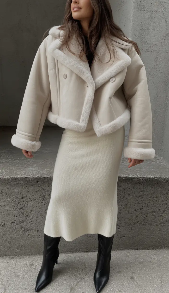 classy winter outfits Ivory Shearling and Midi Skirt