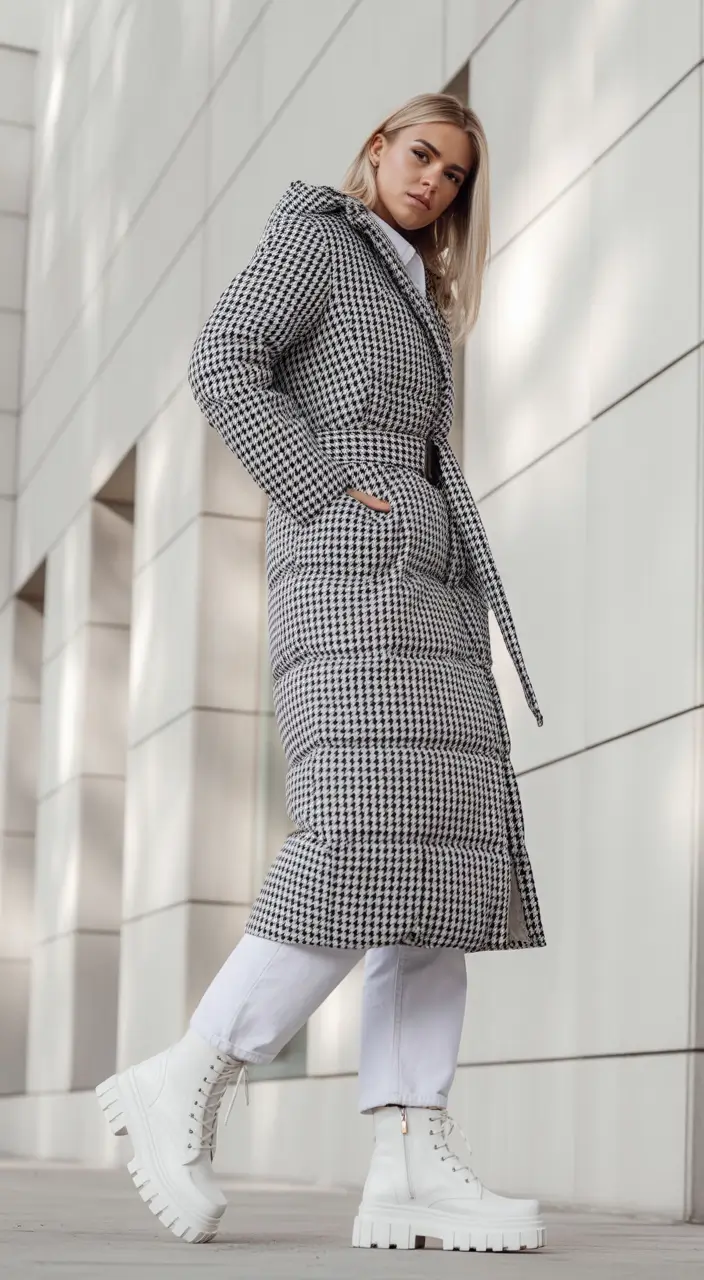 classy winter outfits Houndstooth Puffer Elegance