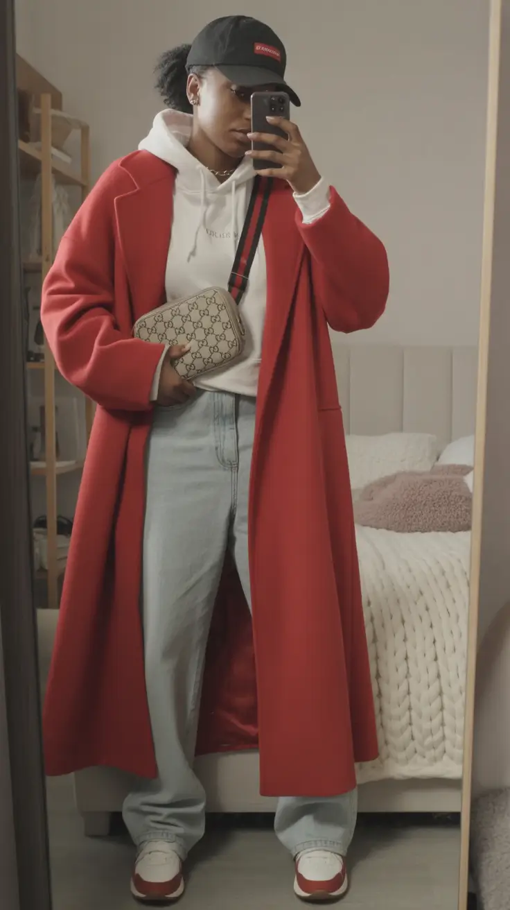 comfy winter outfits Bold Red Coat with Streetwear Twist