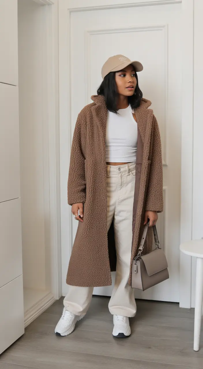 comfy winter outfits Teddy Coat with Neutral Layers