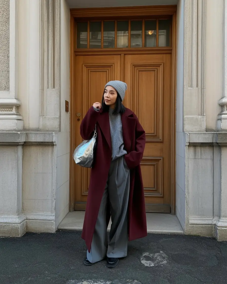 comfy winter outfits Wine Red Coat with Wide Trousers