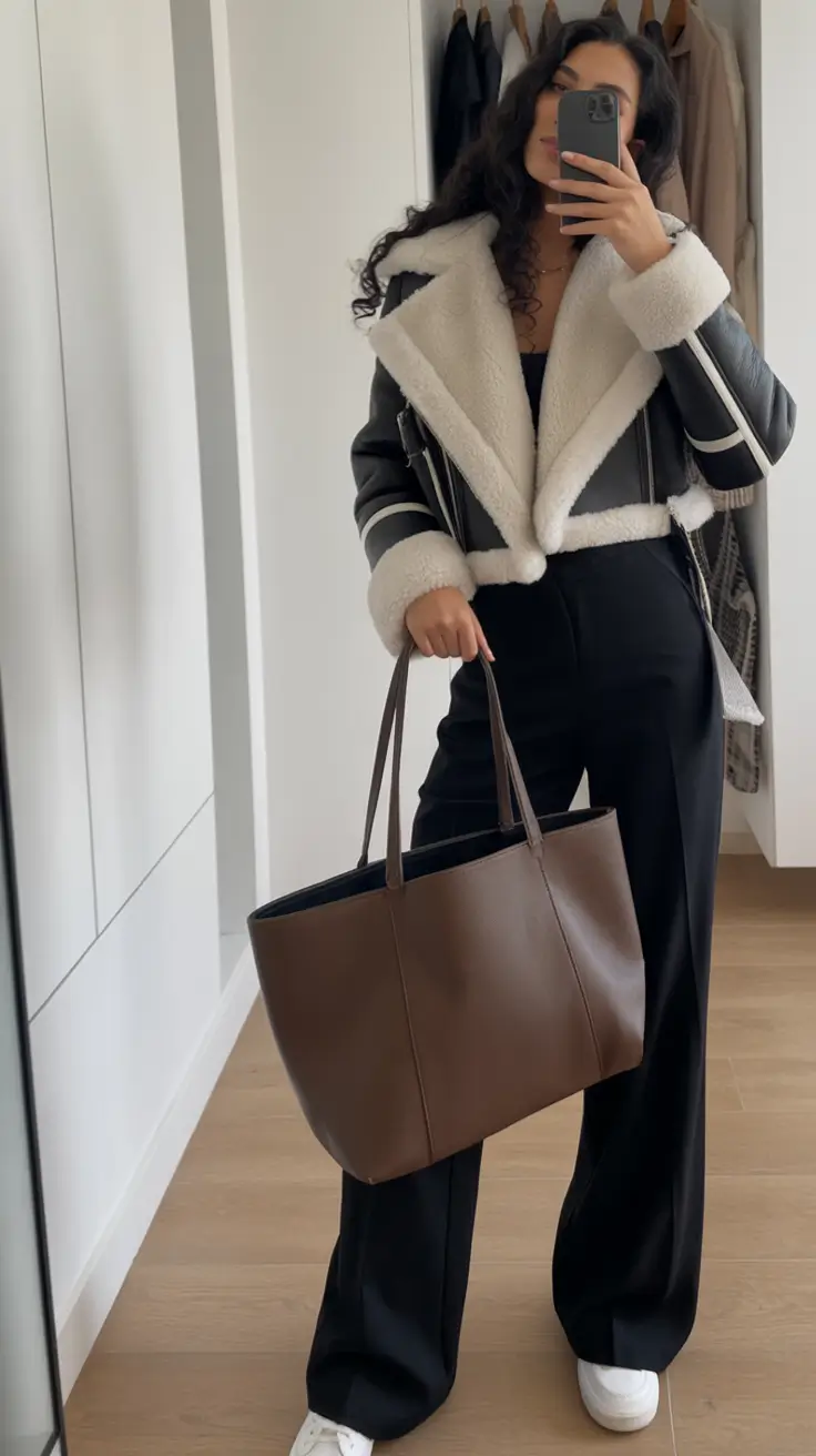 comfy winter outfits Shearling-Lined Aviator Jacket