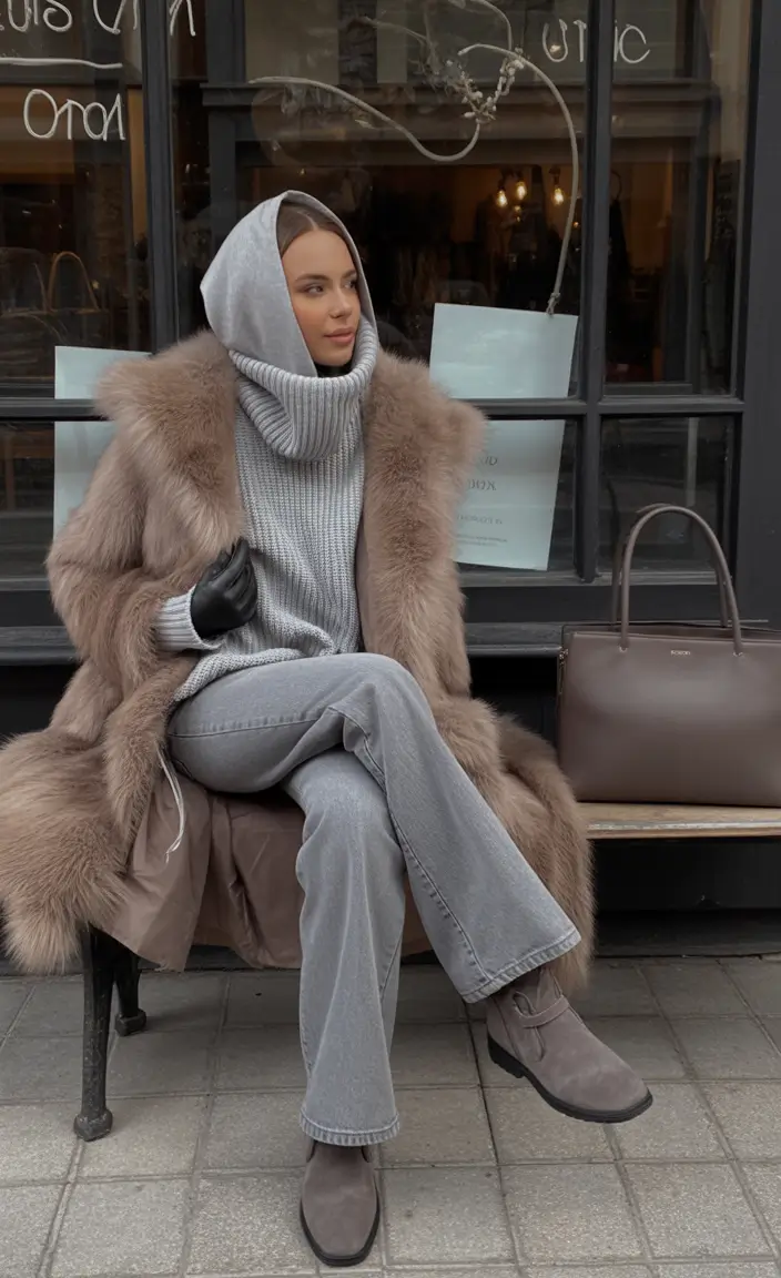 comfy winter outfits Layered Hoodie with Faux Fur Coat