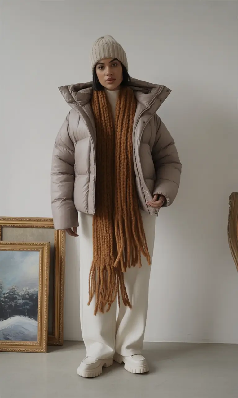 comfy winter outfits Puffer with Extra-Long Scarf